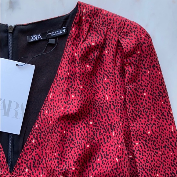 New Zara Print Mini V-neck Saffron red Dress long sleeve - Picture 5 of 10